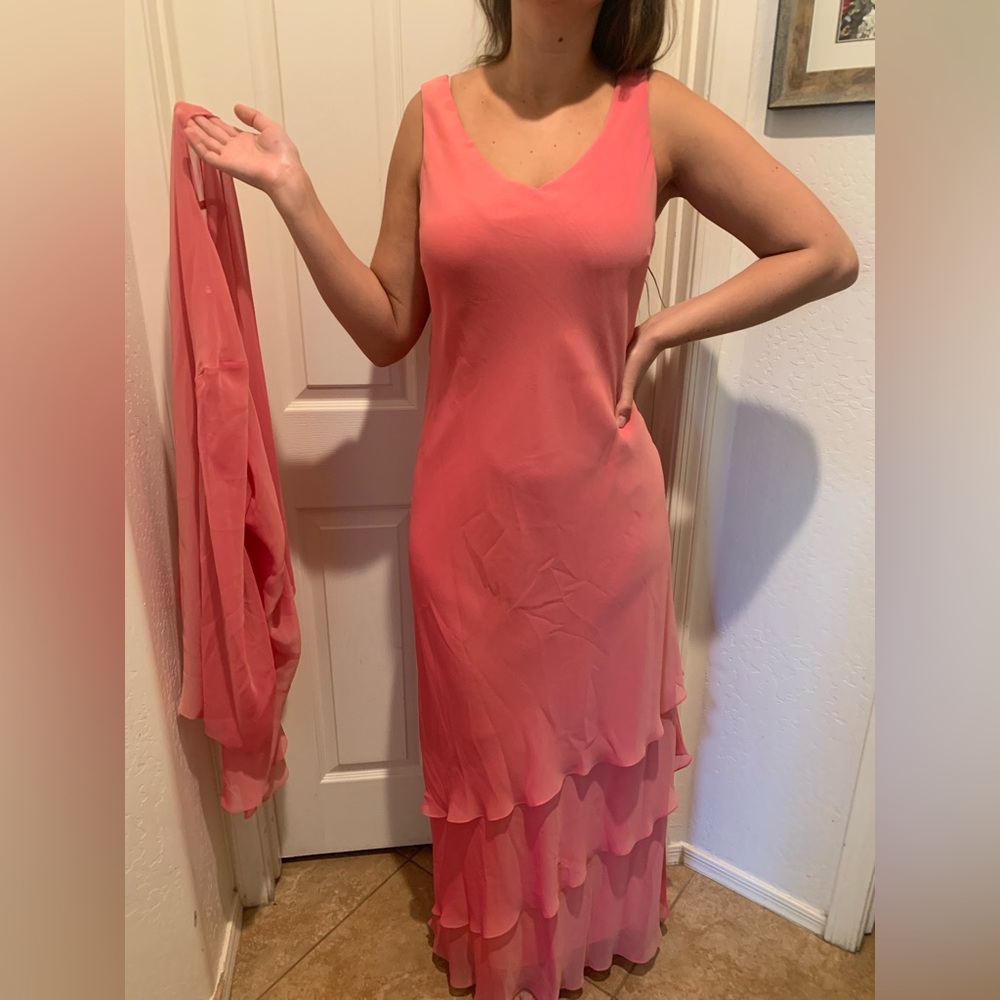 Vintage Cattiva New York pink metallic flowy 3 tier maxi dress with sheer shawl